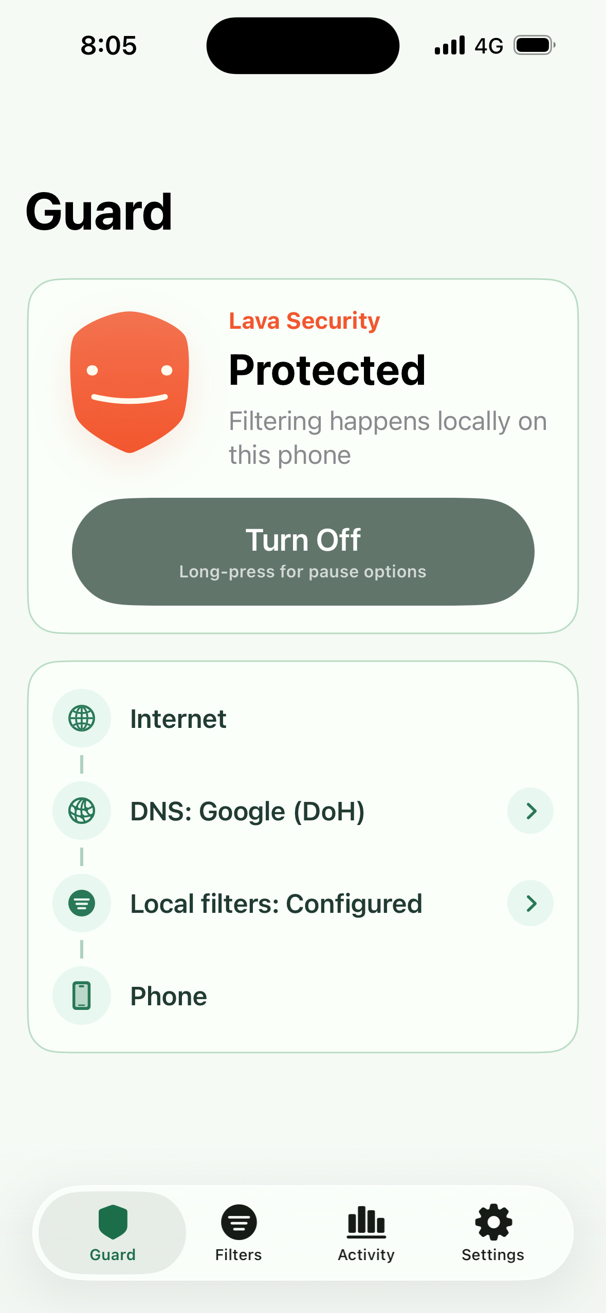 Lava Security Guard activation sequence ending on Protected.
